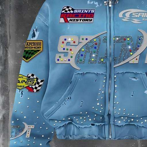 Patch brodé lavage à l'acide Streetwear sweat à capuche impression DTG personnalisée fermeture éclair strass poids lourd 100% coton sweat à capuche graphique - Product Image 2