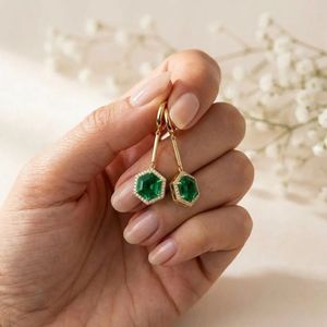 Green Emerald Faceted Gemstone <b>Earrings</b> Elegant Hexagon <b>Dangle</b> <b>Earrings</b> with Cubic Zirconia Detail Minimalist Jewelry Gift - Product Image 6