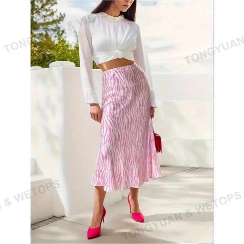 BSCI rok Midi mengalir Satin wanita, rok elegan A-Line pinggang tinggi warna merah muda untuk wanita
