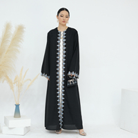 Élégante Abaya Noire Arabe à Broderies Florales, Manches Longues, Abaya Modeste de Dubaï pour l'Aïd, Abaya Ouverte Tendance pour Femmes Musulmanes