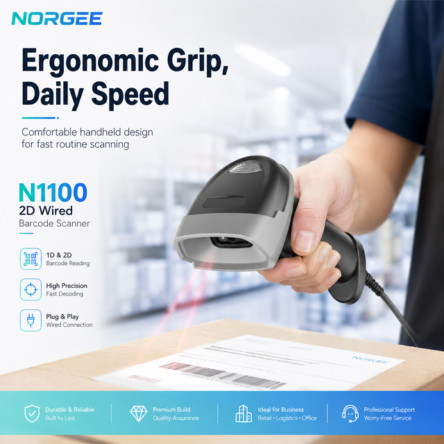 NORGEE Handheld Barcode Scanner 1D/2D/QR Code Auto Scan Supermarket Use in Stock