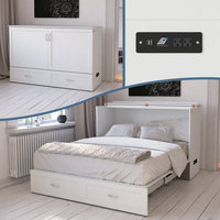 Cama Queen Size de Madera Maciza Montada en la Pared con Gabinete, Cajón de Almacenamiento Extra Grande, Cargador Integrado, Cama Plegable Multifuncional Moderna
