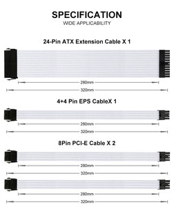 Cables de Alta Calidad, Kit de Extensión de Cables para Fuente de Alimentación, Cable de Alimentación para CPU de 30 cm ATX 24 pines, CPU 4+4p, PCI-E 6+2p, Cables con Funda - Product Image 4
