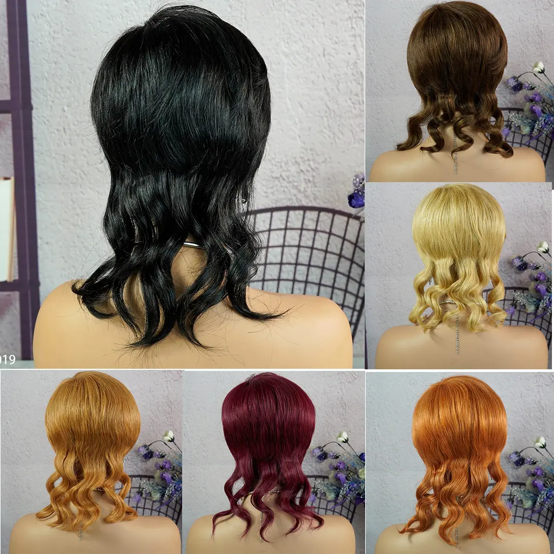 Wig potongan Pixie pendek Wig dibuat mesin penuh dengan poni Dovetail lurus Wig rambut manusia Remy Brasil untuk wanita panjang Model