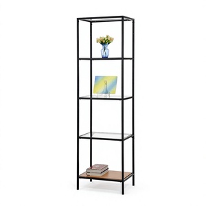 Modern Metal Glass Shelving Unit 4 Tier Storage Rack for Living Room Home Office Minimalist Design Easily Assemble - Product Image 1