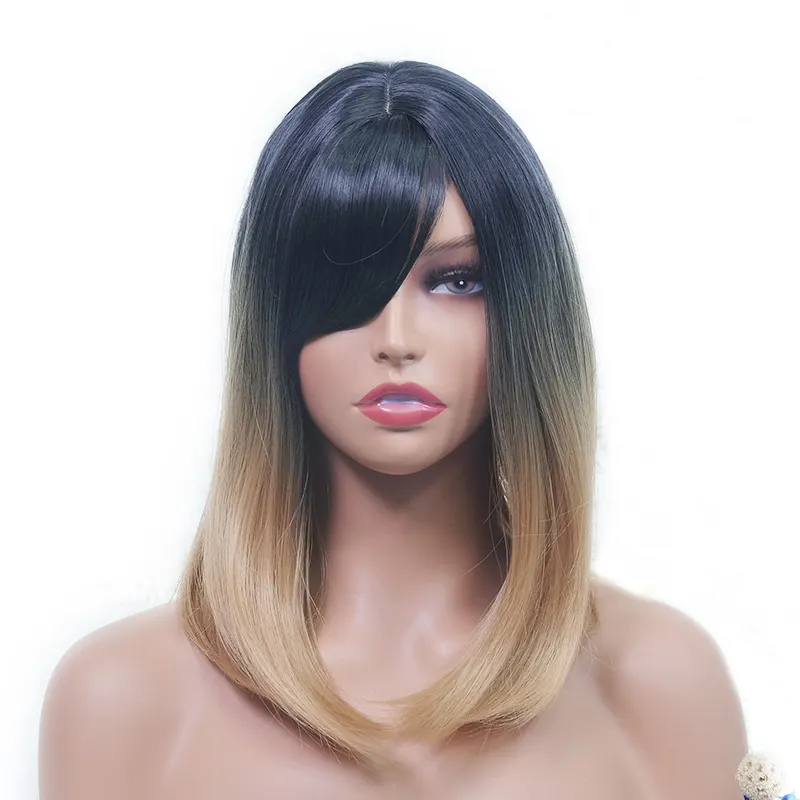 Medium Length Straight Ombre Black Gold Synthetic Wigs with Bangs for Women Cosplay Daily Hair Heat Resistant Wigs