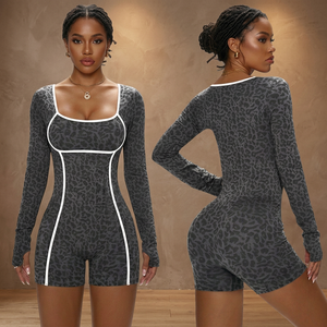 Combinaison de sport/yoga Glamouroux pour femme, en Spandex/Nylon extensible, à manches longues, froncée aux fesses, imprimé animal, respirante, pour fitness, OEM - Product Image 3