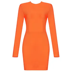 奢侈品批发制造商橙色长袖连衣裙剪裁紧身连衣裙