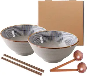 Mangkuk Ramen Keramik dengan Sumpit dan Sendok Mangkuk Sup Mie Ramen Porselen Gaya Jepang