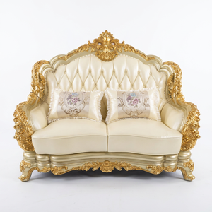 Sofá de cuero de dos plazas estilo europeo con respaldo capitoné y brazos con volutas para sala de estar - Product Image 1