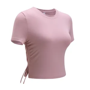 Kaus atasan Crop polos wanita lengan pendek, kaus olahraga elastis tinggi dengan tali serut untuk wanita