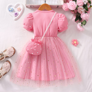 <span class=keywords><strong>Vestito</strong></span> Estivo 2026 per <span class=keywords><strong>Bambina</strong></span> con Maniche a Sbuffo, in Tulle Rosa con Patchwork e Perle, con Borsa, Grazioso Abito Viola - Product Image 3