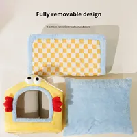Lit pour chat et chien en forme de maison, motif dessin animé, en matériau PP, chaud pour l'hiver, quatre saisons, avec tapis amovible pour petits animaux