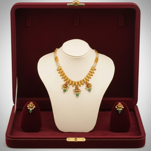 South Indian temple design gold necklace set with pearl chain <b>red</b> and green stones floral motifs green bead <b>drops</b> <b>earrings</b> - Product Image 1