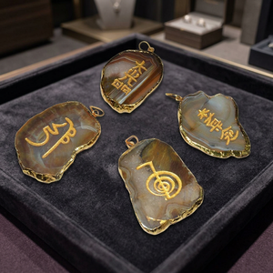 Free <b>Form</b> Agate Slice Pendant Set with Carved Engraved Gold Inlay Handmade Love Theme Feng Shui Healing Art Collectible Gujarat - Product Image 2