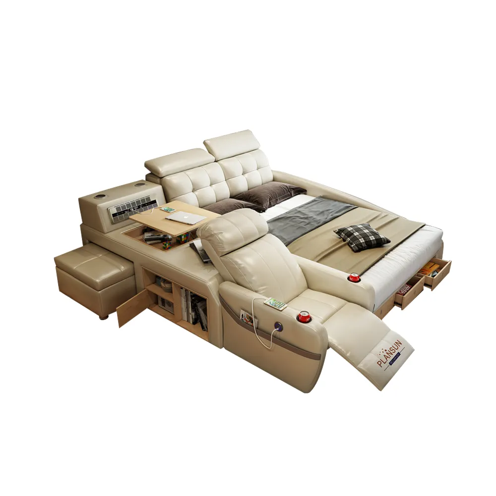 Gute Design Nachricht Echtem Leder Bett Multi-funktions Smart Bett Mit Liege Sofa Stuhl König Größe Betten