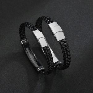 Wholesale Handmade Custom Twisted Braided Leather Bracelet Punk Style Stainless Steel Engraved LOGO <b>Bangles</b> for <b>Men</b> Women Gift - Product Image 3