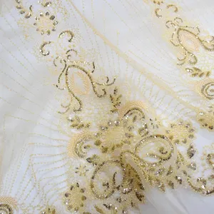 HY0698 kain renda payet emas baru dengan manik-manik kain tulle hitam Afrika untuk gaun pernikahan