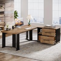 Bureau de direction en L durable de 70,86 po avec armoire mobile à dossiers, 2 tiroirs et étagères de rangement