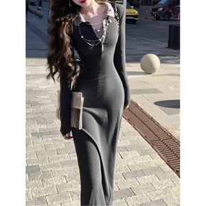 French Retro Shirt Collar Long Sleeve Ribbed Dress Tight Waist Breathable City Commuting Women's Sweater Dress - Product Image 2