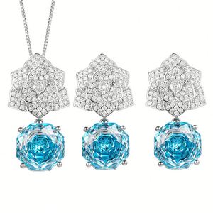Fashion Eco-friendly Copper Rose Cut 12mm Sea Blue Zircon Party Floral Pendant <b>Earrings</b> <b>Set</b> Jewelry <b>Set</b> for Women Sparkly Party - Product Image 1