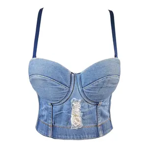 High Quality Casual Fashion Straps Padded Boning Crop Tops Corselet Bustier Cotton Ripped Haut Corset En Denim Womens Corsage