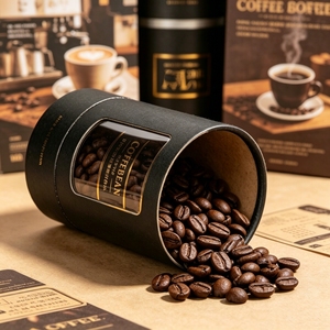 Envase de Tubo de Papel Cilíndrico Negro con Ventana Transparente de PVC para Granos de Café, Papel Kraft Reciclable con Impresión en Lámina Dorada - Product Image 4