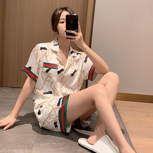 Pyjama d'été à manches courtes en satin imprimé pour femmes <span class=keywords><strong>ensemble</strong></span> deux pièces à col en v séchage rapide lisse glace soie mince lâche maison vêtements costume - Product Image 5