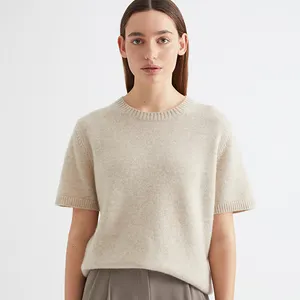 O neck pure cashmere plain knit style cashmere T-shirt women cashmere short sleeve