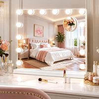 Miroir cosmétique de bureau sur pied de style écran LED à 14 ampoules, avec interrupteur tactile, 3 couleurs réglables, cadre métallique