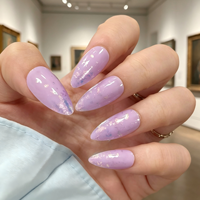Faux Ongles Amande Moyens Personnalisés Violet Lavande Effet Feuille d'Or, Matériau ABS, Paillettes Dégradées Pré-Conçues, 24 Pièces, Vente en Gros