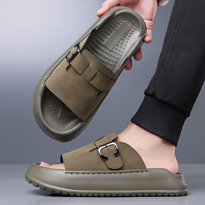 Men Suede <b>Slides</b> Open Toe EVA Outsole Breathable Casual Summer Sandals Buckle Strap Solid Pattern Textile - Product Image 3