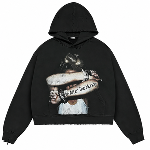 Sudadera con Capucha para Hombre, Estilo Urbano, 100% Algodón, 450 g/m², Lavado Vintage, Desgastada, con Estampado Gráfico, Talla Grande, Transpirable - Product Image 1