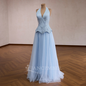 251102 Vestido de Noche Elegante Azul Claro de Gasa con Cuello Halter, Corte A, Apliques de Perlas y Encaje, con Cuentas, Largo hasta el Suelo, para Fiesta - Product Image 2