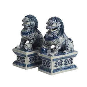 RYQA08蓝色和白色一对狮子陶瓷雕塑家居装饰品