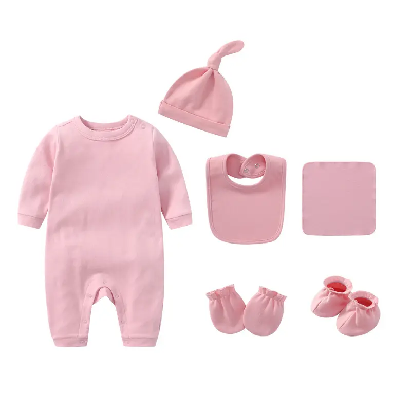 6 pièces tenue unité combinaison printemps/automne barboteuse Bonnet chapeau bavoir couette unisexe couleur unie nouveau-né bébé fille naissance cadeau ensemble de vêtements