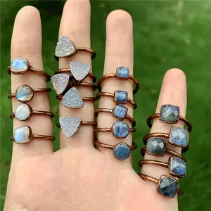 Wholesale jewelry for 3 sisters-BD-B1943 Red copper plated ring Natural stone ring moonstone labradorite druzy quartz stone ring women men jewelry