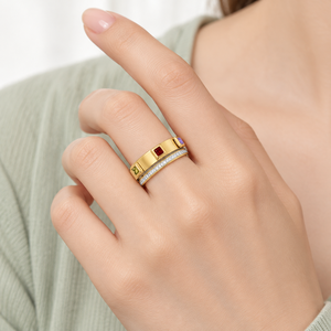 Gold Tone Double Band <b>Ring</b> with Multicolor Square Accents and Clear Stone Row Layered <b>Statement</b> Jewelry - Product Image 4