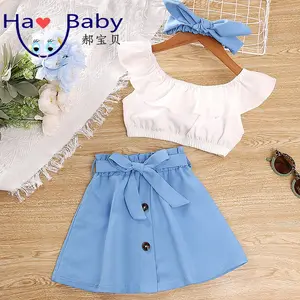 हाओ बच्चे 2023 बच्चों के कपड़ों की नई गर्मियों शैली बच्चों के फैशन एक लाइन गर्दन शीर्ष आधा शरीर स्कर्ट बाल बेल्ट लड़की के सेट