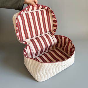 Sac de maquillage de grande capacité, grande taille, beige, en coton, sac de beauté, matériau épaissi, sac à fermeture éclair multifonctionnel - Product Image 4