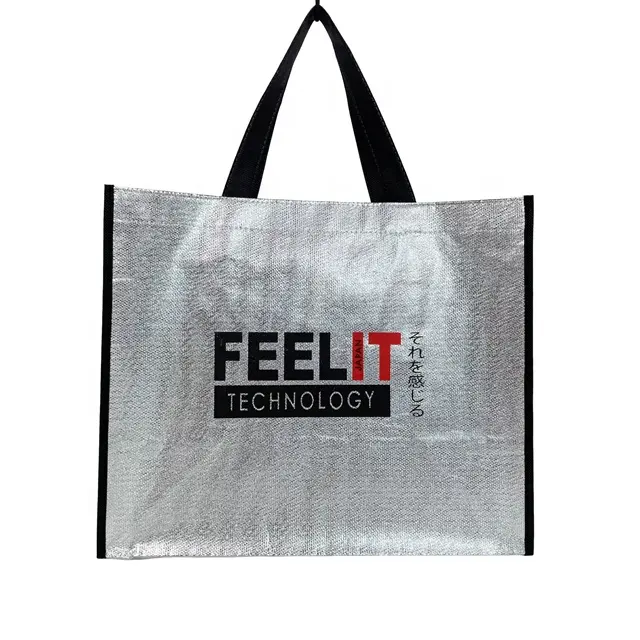 Silver and White Tote Bag Recycled Foil Laminated Non-Woven with Cotton Handle Glitter Design Supermarket Shopping Bag