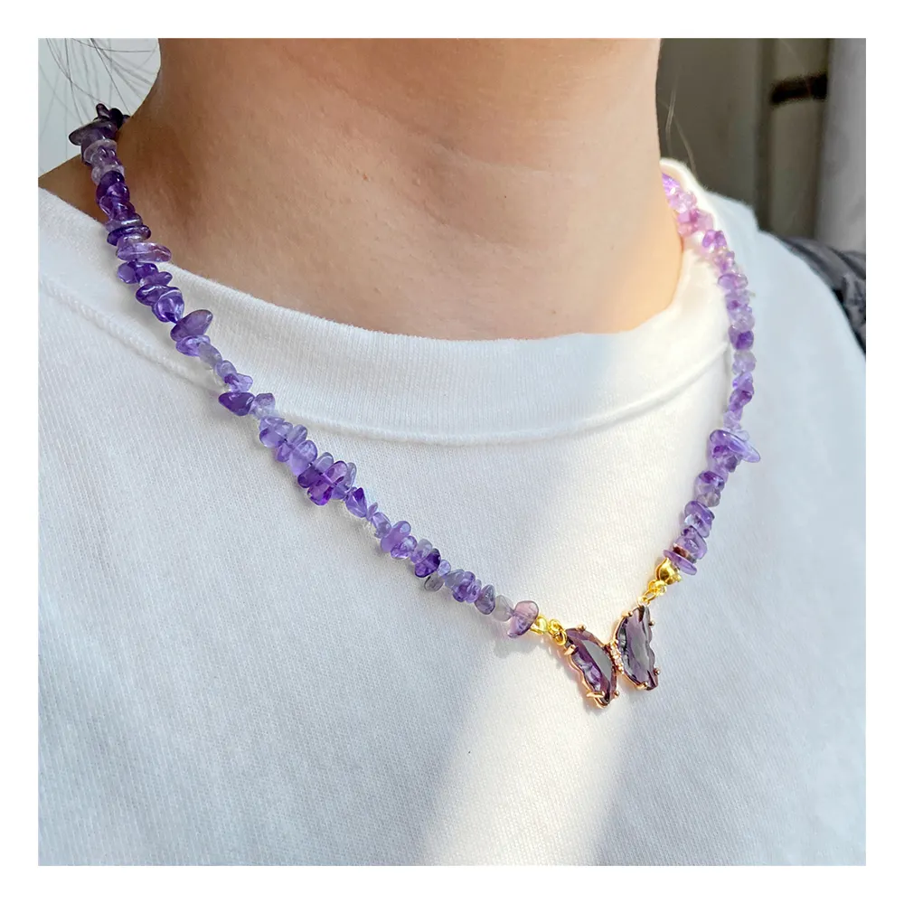 Luxury 5-8mm Irregular Amethyst Natural Crystal Chip Beaded Purple Crystal Butterfly Charm Choker Necklace For Women Jewelry