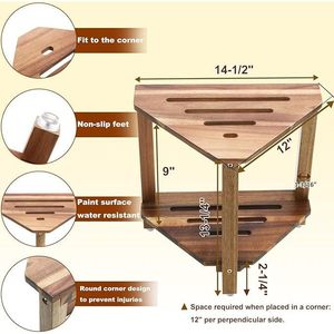 Estante de Almacenamiento Triangular de Madera Maciza de Doble Capa, Montado en la Esquina, Independiente, Duradero, para Baño, Color Trigo, de 8 a 11.9 Pulgadas de Profundidad - Product Image 3
