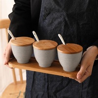Ensemble de 3 pots à épices de style japonais avec couvercle en bambou, cuillère en céramique et plateau ovale en bambou gris côtelé, salière et poivrière