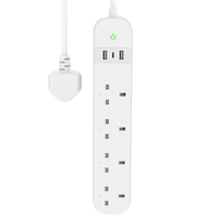 Prise de courant standard britannique 102UK, 3/4/6 prises AC, 2 ports USB, noir, avec câble de raccordement britannique inclus, IP22, non mis à la terre, câble de 1,5 m