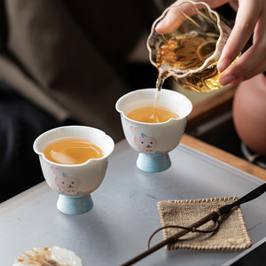Hand Painted Cute Rabbit Ceramic Stemmed <b>Teacup</b> Porcelain Kung Fu Tea Cup For Home Use New Chinese Style - Product Image 2