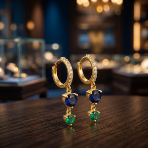 Boucles d'oreilles pendantes tendance plaquées or 18 carats avec pierres en cristal bleues et vertes et accents en strass pour femmes - Product Image 3