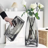 Vase en verre rectangulaire transparent avec côtés texturés, base épaisse, large ouverture pour fleurs fraîches, hydroponie, décoration de table à la maison
