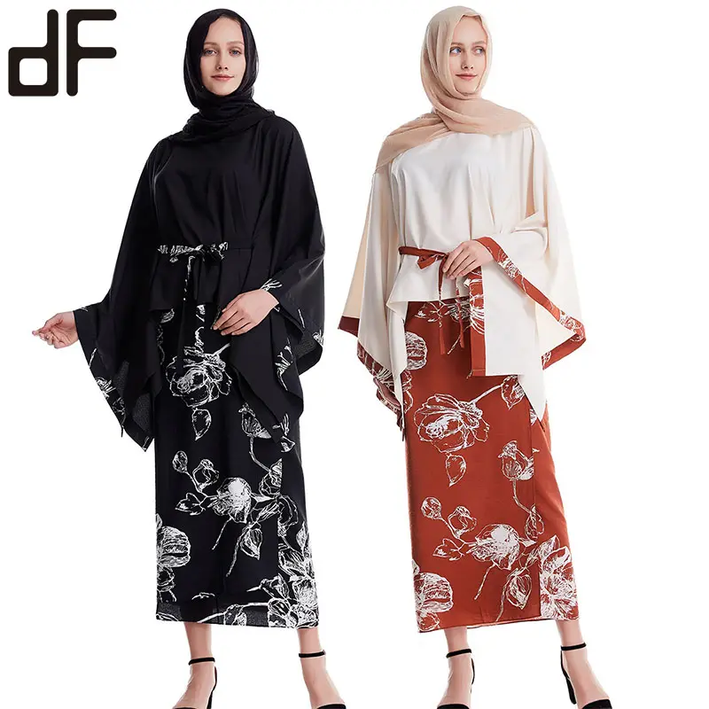 Oem Custom Model Baju Kurung Maleisië Moslim Vrouw Kant Baju Kurung Ontwerp Tops En Wrap Rok Sets Bloemen Gedrukt Baju kurung