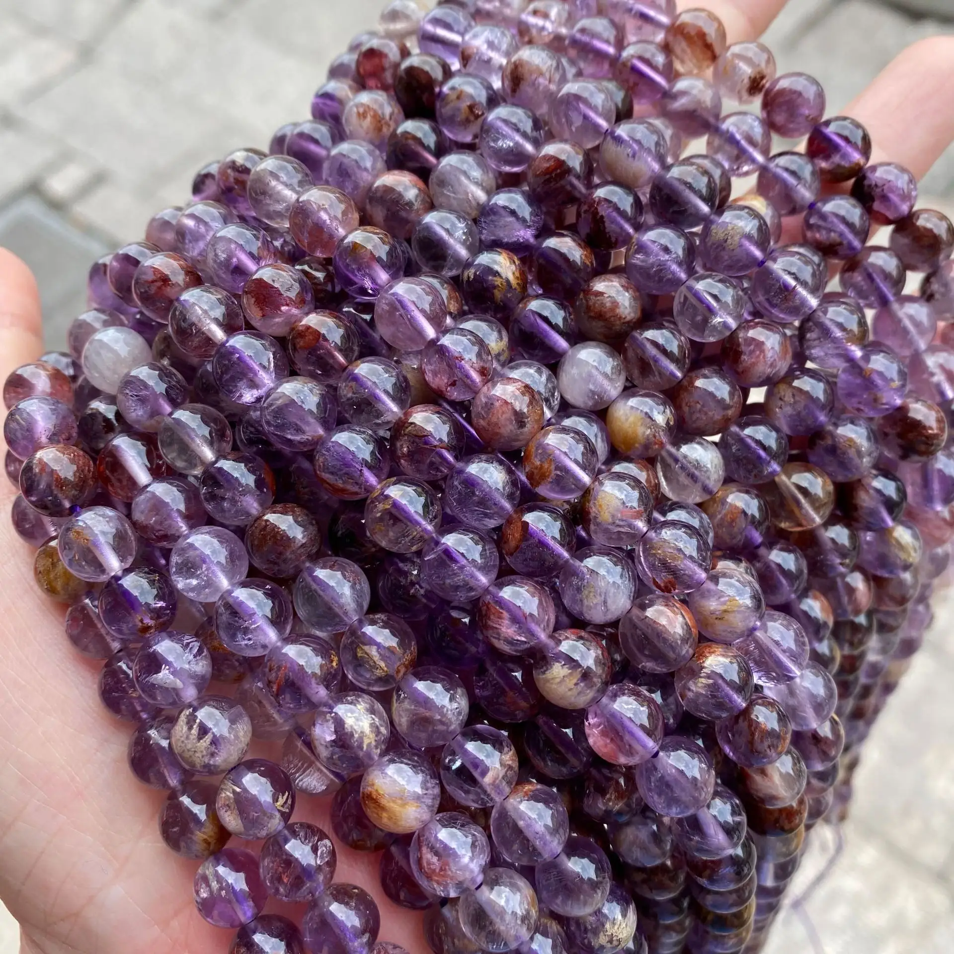 Großhandel Schmuck Edelstein lose Quarz runde Stein perlen 8mm Naturstein perlen mehrfarbigen Phantom kristall für die Schmuck herstellung